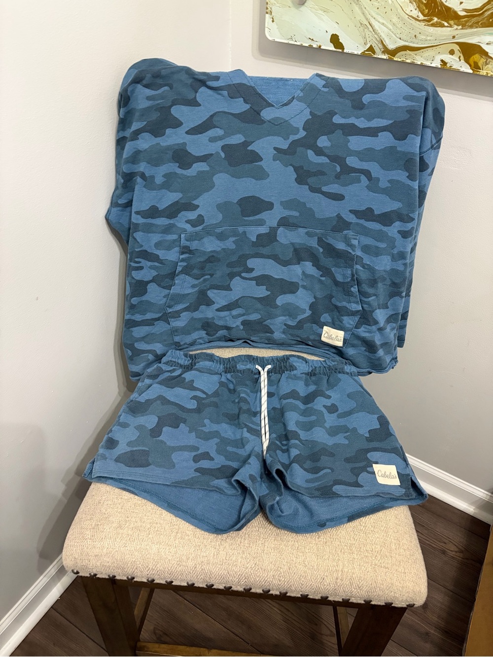 Cabela's Blue Camo Hoodie & Shorts Matching Lounge Set Eco-Friendly Cozy M
